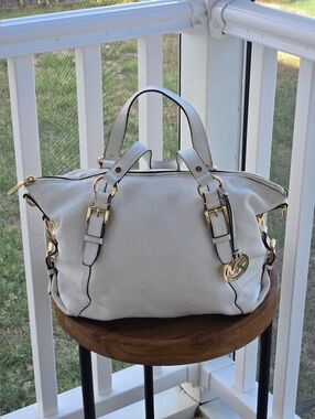 Michael Kors Ivory Pebbled Leather Satchel with Gold Hardware